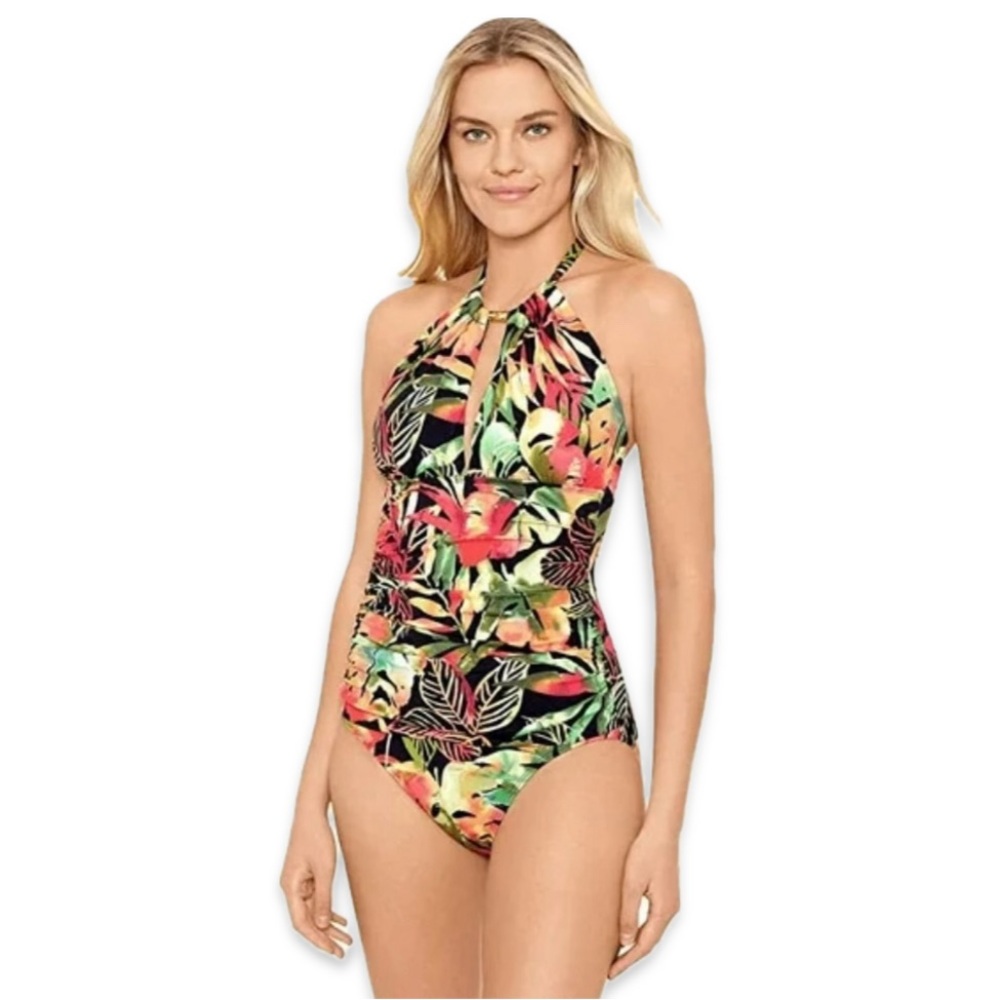 Lauren Ralph Lauren Midnight Tropical‎ High Neck One-Piece halter black multi 8 - Picture 2 of 12